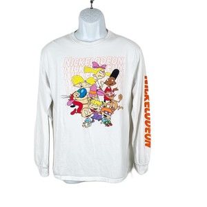 Nickelodeon Shirt Men Medium White Graphic Long Sleeve Rugrats Hey Arnold Stimpy